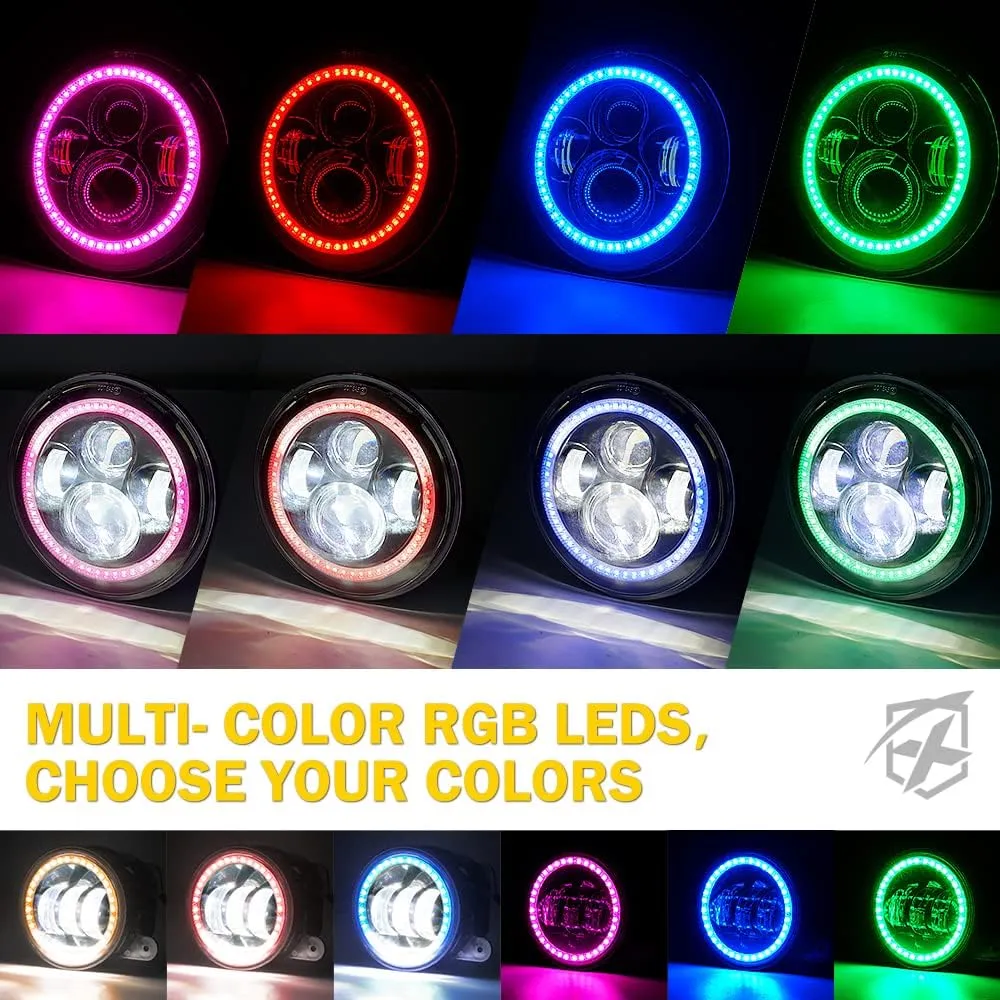Xprite 7" Inch RGB Halo LED Headlights & 4" Fog Lights Led Combo For 2007-2018 Jeep Wrangler JK Jku product image