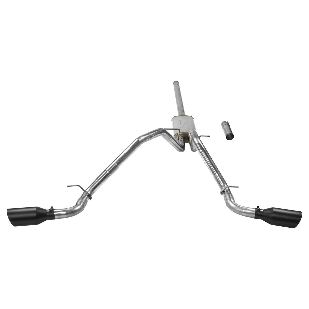 09-13 GM SilveradoSierra 12 Ton 5.3L WFlex Fuel Extended Cab and Crew Cab Only 24 Wheel Drive Cat-back 2.50 Tailpipes FlowFX Series Muffler 4.50 Black Ceramic Logo Embossed Stainless Tips FlowFX DOS Mandrel Bent Tubing 409S Stainless Ste product image