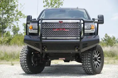 Fab Fours Black Steel Front Ranch Bumper; 2 Stage Black Powder Coated; w/Full Grill Guard And Tow Hooks;
