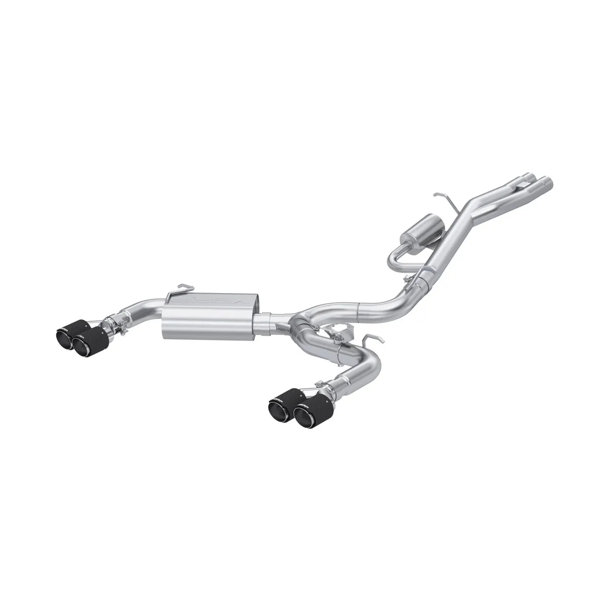 Armor Pro Cat Back Exhaust System; 3 in.; Quad Split Rear; 3.5 in. Dual Out Carbon Fiber Tips; 304 Stainless Steel; product image