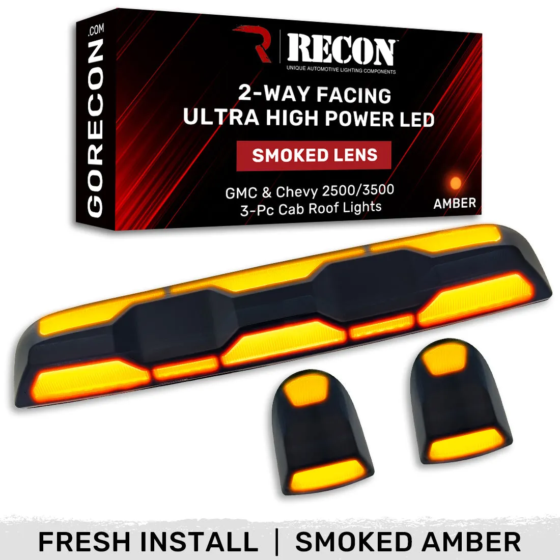 Gmc Chevy 20-23 4th Gen Body Style Heavy-Duty 3-Piece Set Amber Cab Roof Light Lens With 2-Way Forward Rear Facing Amber Ultra High-Power Leds - Includes Complete Wiring Kit For Installation on Truck That Did Not Come With OEM Installed Cab Roof product image