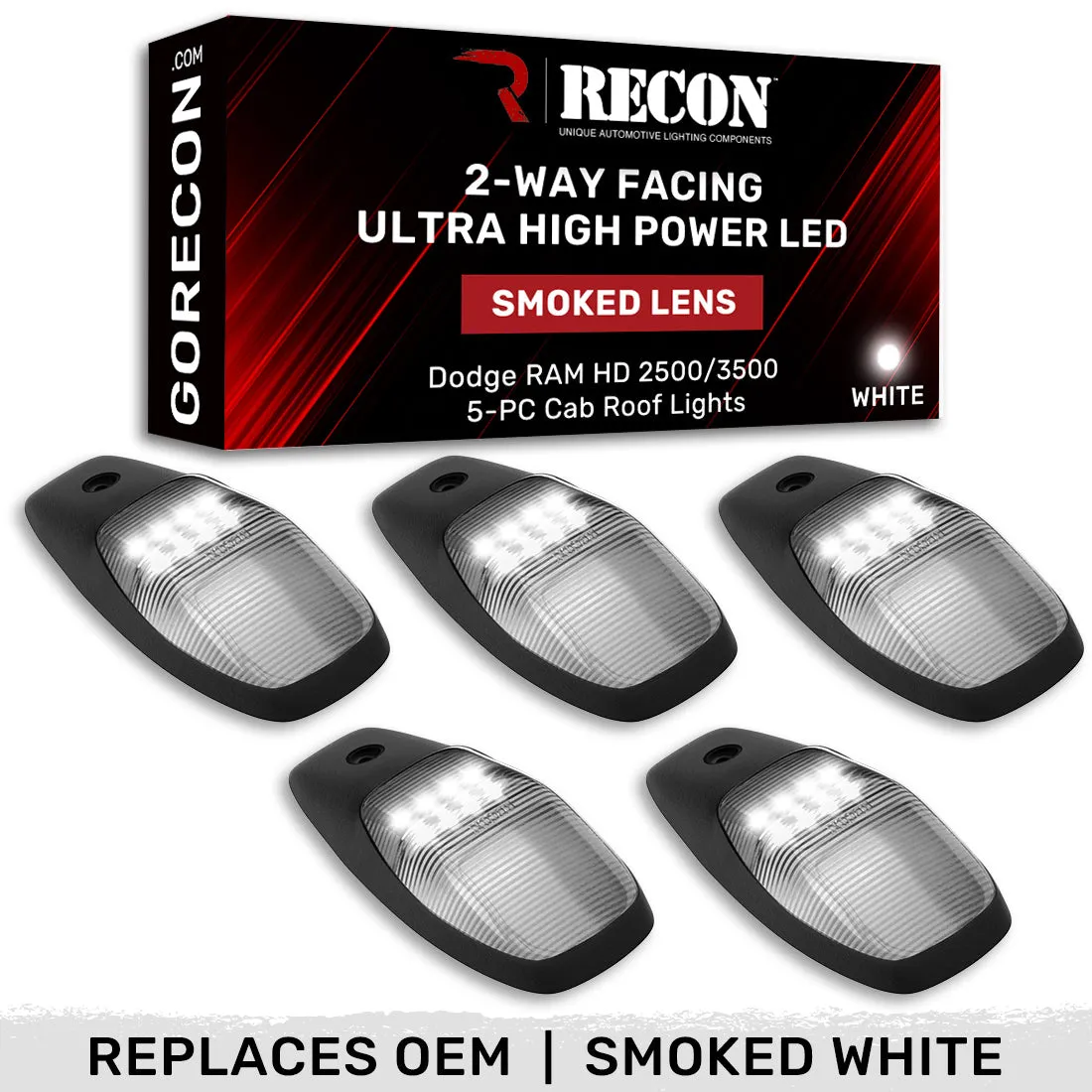 Dodge 19-23 RAM Heavy-Duty 2500 3500 5-Piece Set Smoked Cab Roof Light Lens With 2-Way Forward Rear Facing Amber Ultra High-Power Leds - Attn Plug-N-Play Replacement For OEM Factory Installed Cab Roof Lights product image