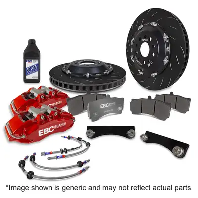 EBC Brakes EBC Big Brake Kit; Incl. Front Kit/Lines; Racing Red; Swept Grooved; 355 mm Disc Dia.; 2 Piece Disc; 32 mm Disc Thickness;