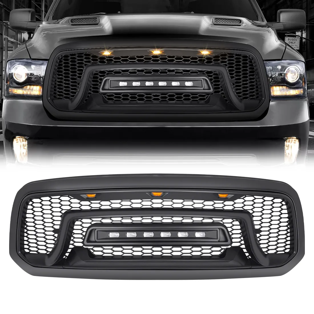 Armor Grille W/ Off-Road Lights - Matte Black For 2013-2018 Dodge Ram 1500 product image