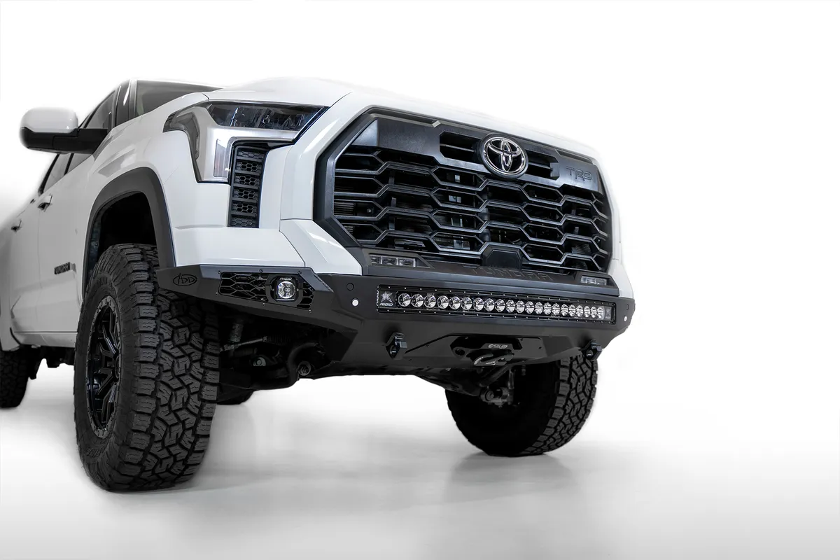 Stealth Fighter front bumper for the 2022-2023 Toyota Tundra is an aggressive modern radius plate design that fits tight around the Tundra s frontend. A steel plate design provides additional protection and a winch mount provides additional utility for yo product image