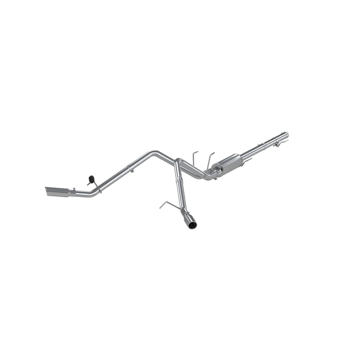 Armor Plus Cat Back Exhaust System; 2.5 in.; Incl. Front Pipe/Ext. Pipe/Muffler/Over Axle Pipes/Tailpipes/Hardware/3.5 in. OD Tips; Dual Split Side Exit; T409 Stainless Steel; product image