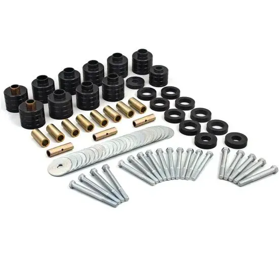 Daystar black polyurethane body lift kit components with bushings and hardware for Jeep CJ5 CJ7