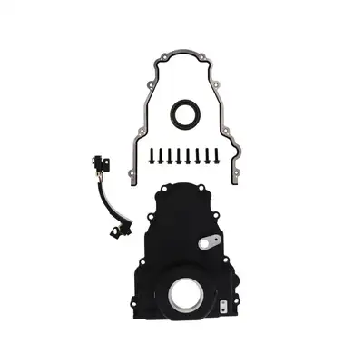 Top Street Performance TSP GM LS 1-Piece Black Aluminum Timing Cover with Cam Position Sensor Provision, Harness, Crank Seal, and Gasket