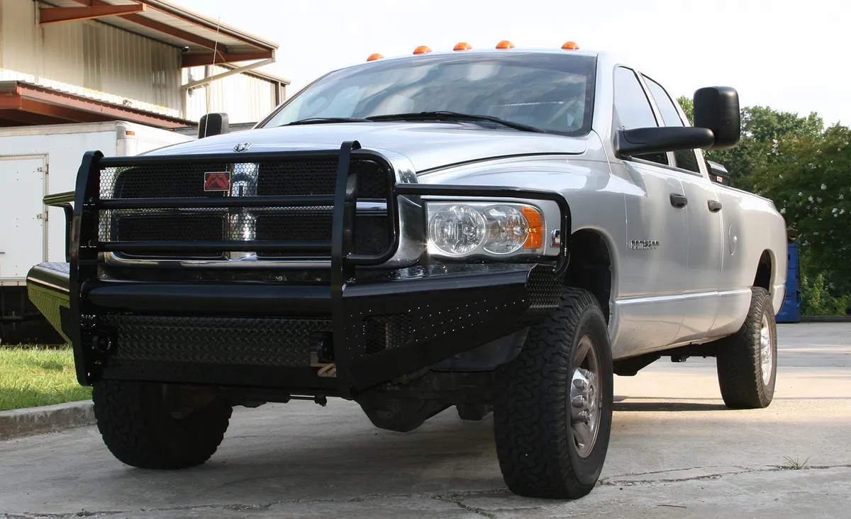 Black Steel Front Ranch Bumper; 2 Stage Black Powder Coated; w/Full Grill Guard; Incl. Light Cut-Outs; product image