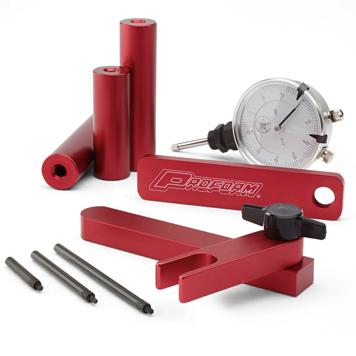 Pinion Depth Setting Tool Universal Dial Indicator 0-1.000 Inch Range Reads in 0.001 Increment Billet Aluminum Red Anodized Proform product image