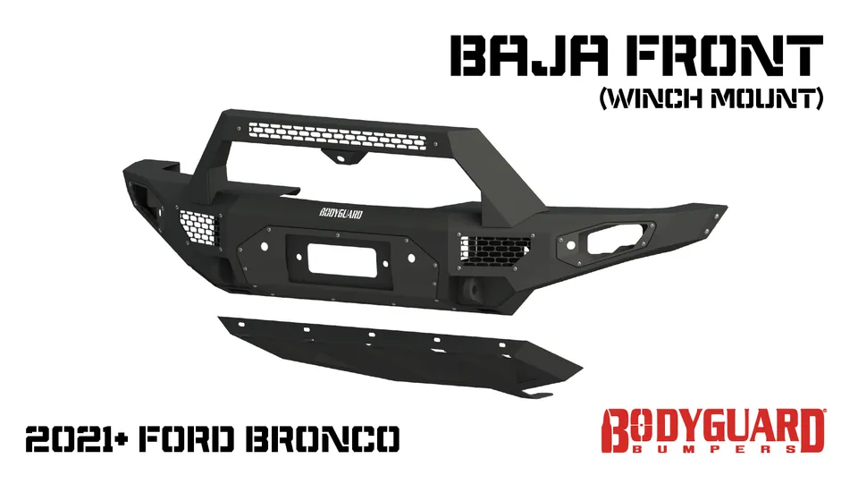 Freedom Front Bumper Baja For 2021-2025 Ford Bronco Winch Mount Sensor Cutouts With Camera Harness + Pod Texture Black Powdercoat Bodyguard Bumpers product image