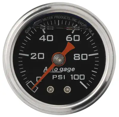 AutoMeter Gauge, Pressure, 1.5" direct mnt, 100psi, Liquid Filled Mech, Blk, 1/8" NPTF Male