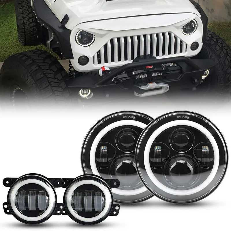 LED Factory Mart 7 inch 80W Jeep Headlights With DRL and Turn Signal Lights & 4'' 30W Cree LED Halo Fog Light