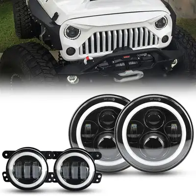 LED Factory Mart 7 inch 80W Jeep Headlights With DRL and Turn Signal Lights & 4'' 30W Cree LED Halo Fog Light