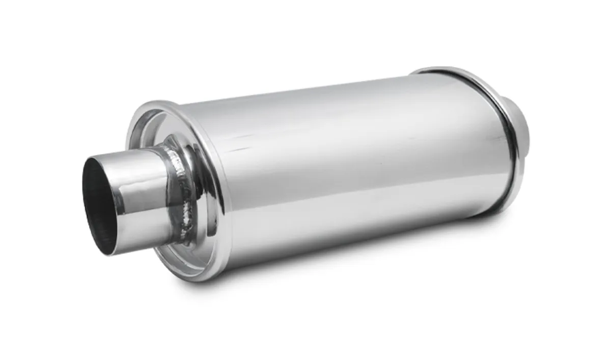 Vibrant Performance Ultra Quiet Resonator; 2 in. Inlet ID; 2 in. Outlet ID; 4.75 in. H; 6.5 in. W; 9.75 in. Body L; 13.75 in. Overall L; Stainless Steel;
