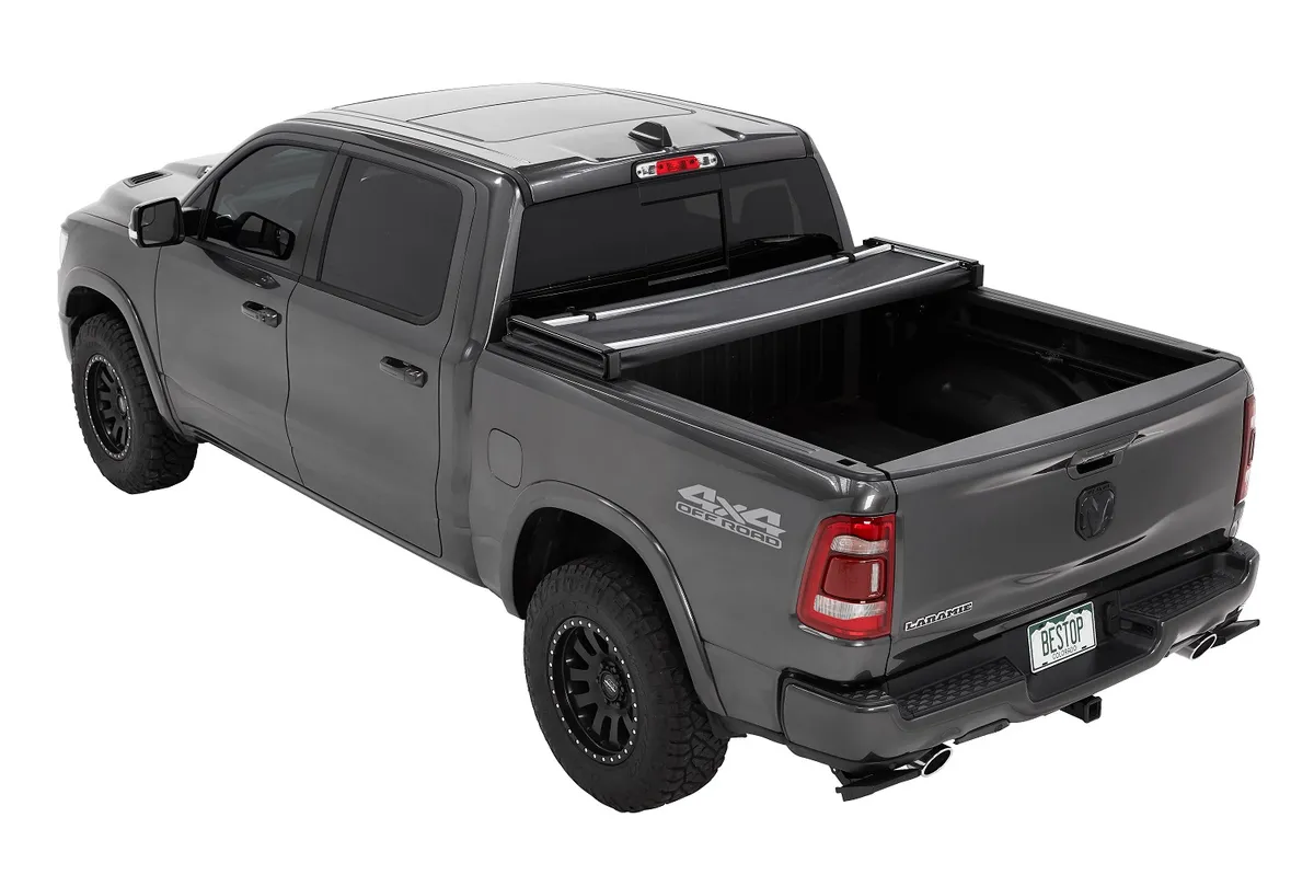 Soft Tri-Fold Tonneau Cover EZ-Fold For Ram 2019-2024 1500 5.7 Foot Black Tailgate Spoiler Not Included Bestop product image