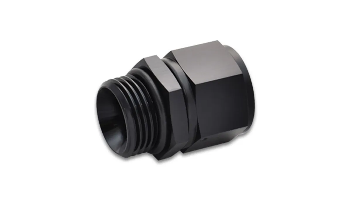 Female AN Flare to Male ORB Adapter Fitting; -8AN Female x -6AN ORB; 6061 Aluminum; Black Anodized; product image
