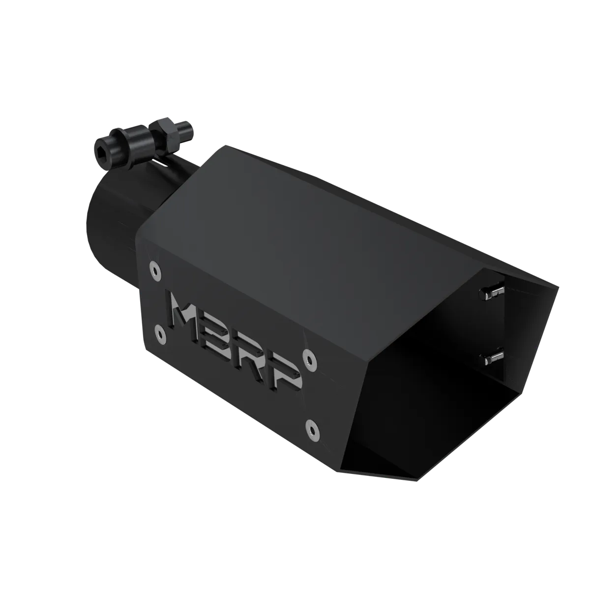 Armor BLK Exhaust Tip; 2.5 in. Inlet Diameter; 10 in. Length; Stainless Steel; Black Coated; 4 in. Tip; w/Logo Plate; product image