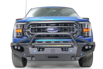Fab Fours Matrix Front Bumper; 2 Stage Black Powder Coat; Pre-Runner Guard; w/Sensor Holes; Compatible w/Adaptive Cruise Control; Accommodates Factory LED Fog Lights Or [3] 3X3 LED Cubes;