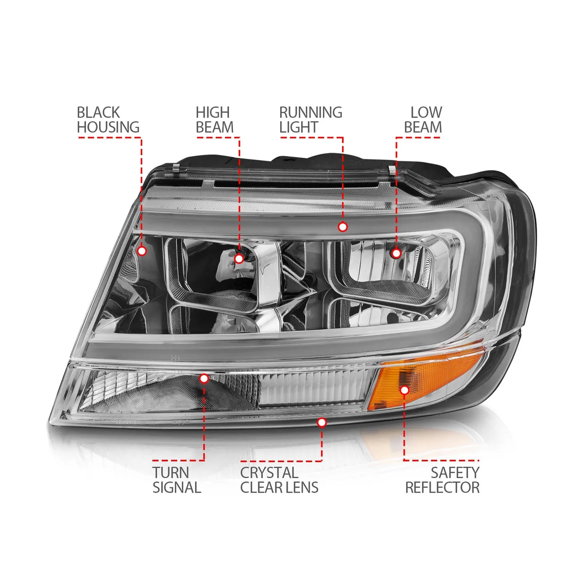Crystal Headlights w Light Bar Chrome Housing Jeep Grand Cherokee 1999-2004 product image