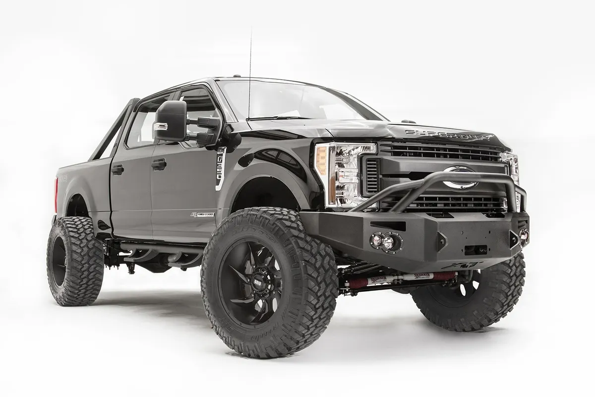 Premium Winch Front Bumper; 2 Stage Black Powder Coated; w/Pre-Runner Grill Guard; product image