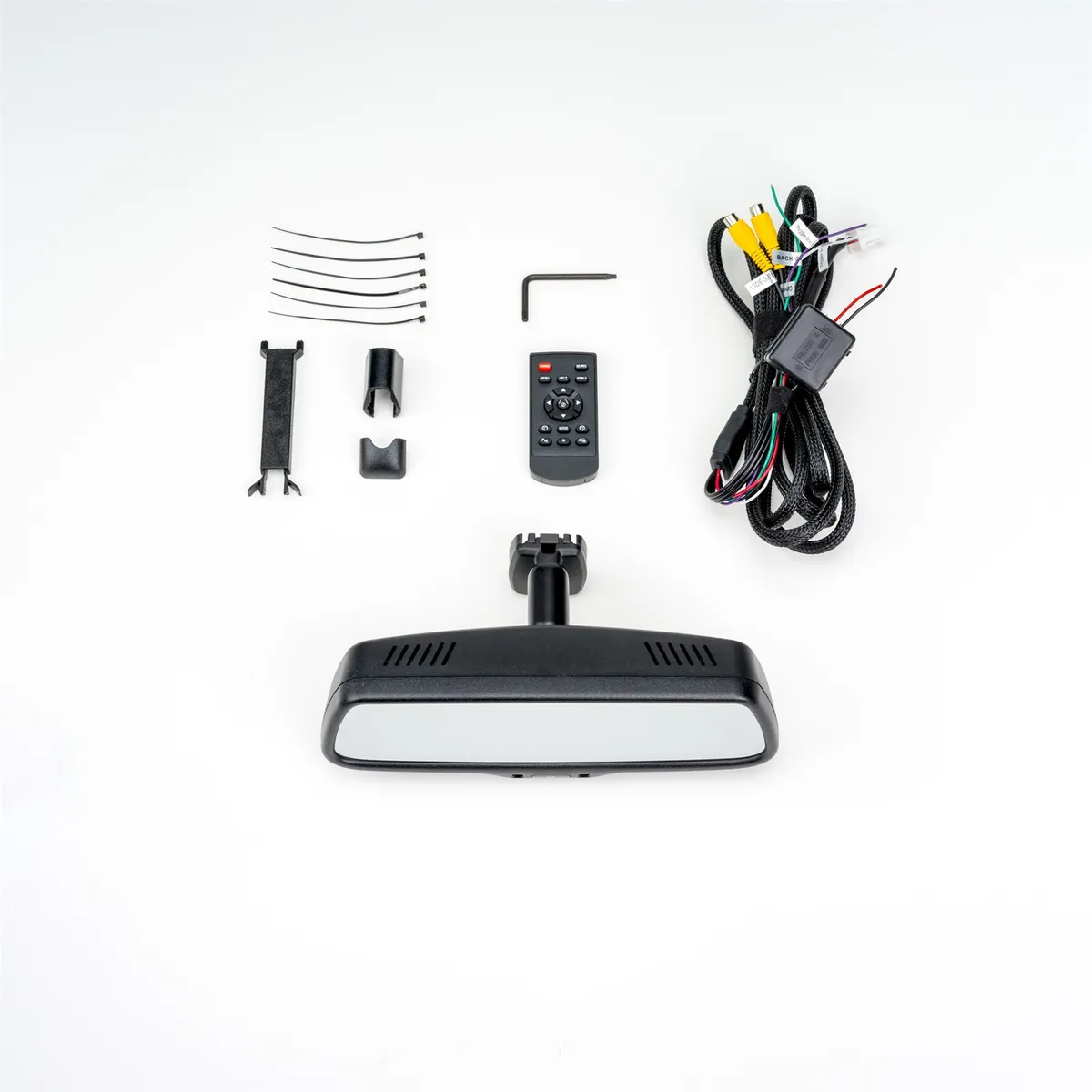 9 in. Mirror w/7.3 in. LCD Display; 3 Input; Single Camera Feed or Dual Camera Views/Split-Screen Mode on Two 3.6in. Side-by-Side Screens; 3 RCA Input w/Trigger Wires; product image