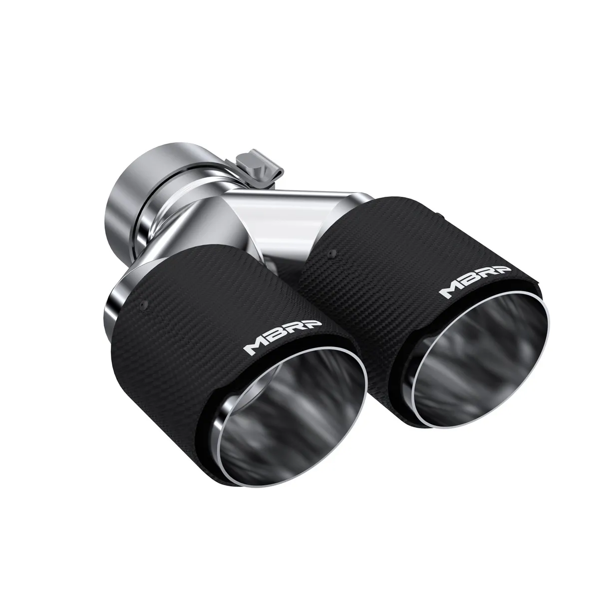 Carbon Fiber Exhaust Tip; 3 in. Inlet Diameter; 4 in. Outlet Diameter; Right Tip 9.87 in. Length; Left Tip 9.37 in. Length; Dual Out; Carbon Fiber Finish; product image