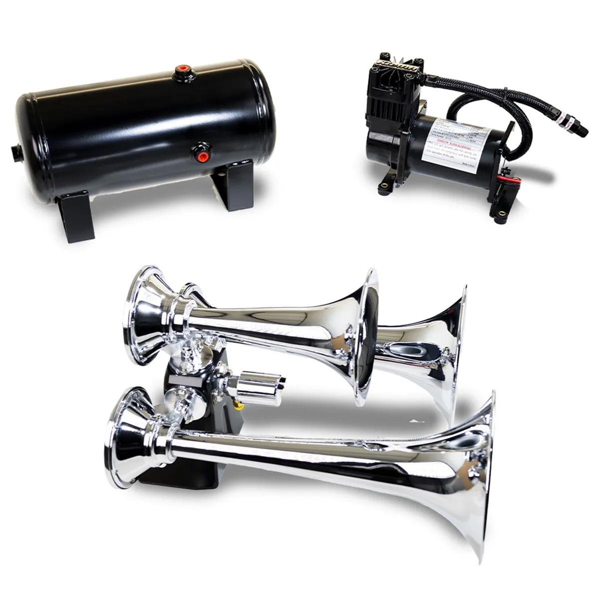 Pro Blaster™ Triple Horn Kit; Chrome; Includes Horns PN[500]/ 150 PSI Air Compressor PN[6275RC]/ 1.5 Gallon Air Tank PN[6275RT]; product image