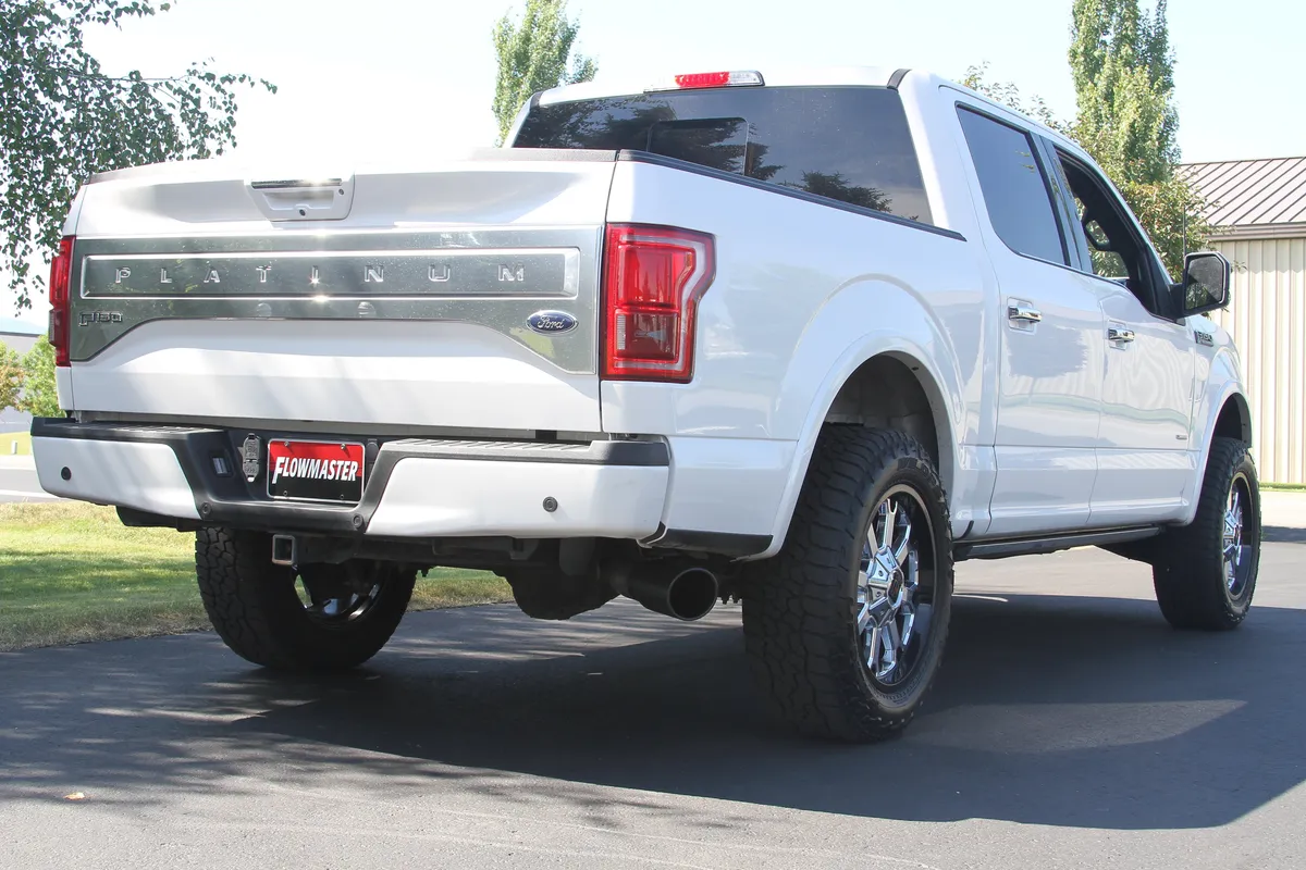 2015-2017 Ford F-150, 2.7L/3.5L EcoBoost, 2WD/4WD, All Except Std Cab/Short Bed (122" WB), Cat-back, Outlaw Series Muffler, Mandrel Bent 4.0in. 16 Gauge Tubing, 5in. Black 304S W/Embossed Logo Tip, SOS, Outlaw, 409S Stainless Steel. product image