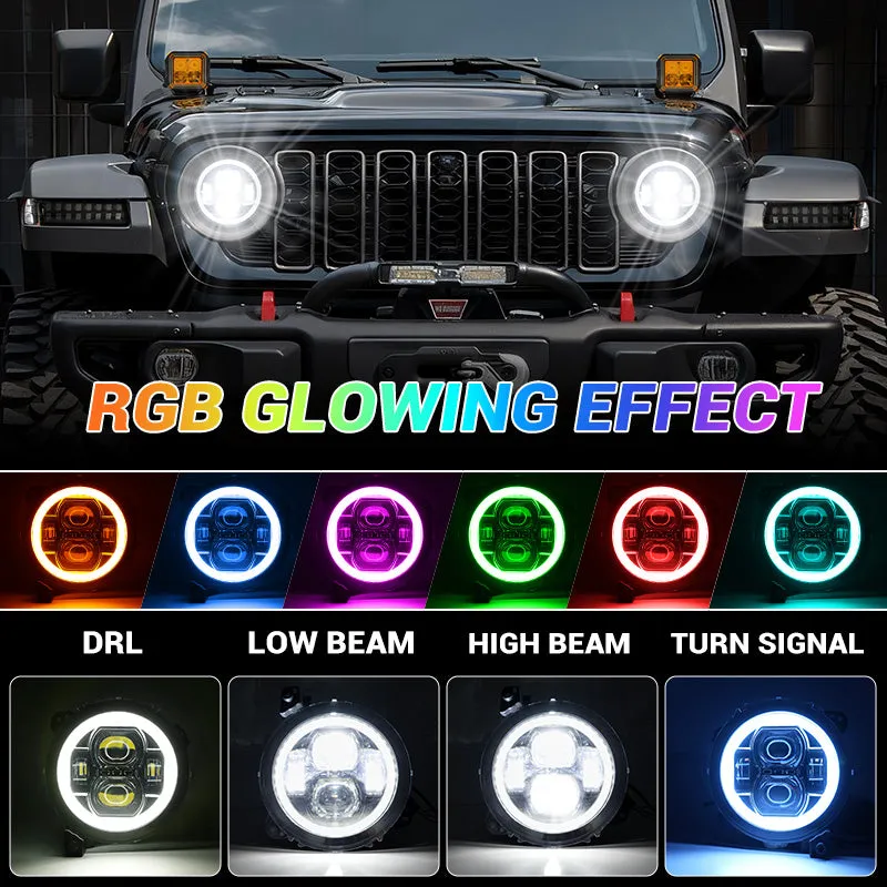"9"" LED RGB Jeep Headlights with White Halo for 2018-2026 Wrangler JL & Gladiator JT" product image