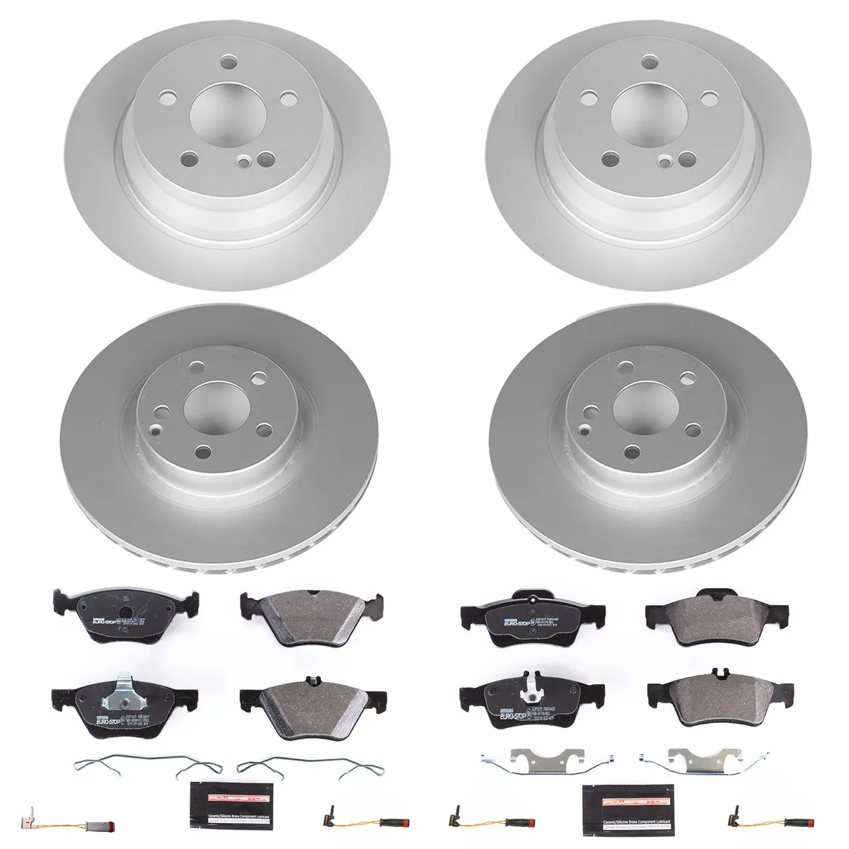 Euro-Stop Kit: Genuine Geomet Fully Coated Rotors; Ece-R90 Certified Pads W/Hardware; Pad Sensors product image