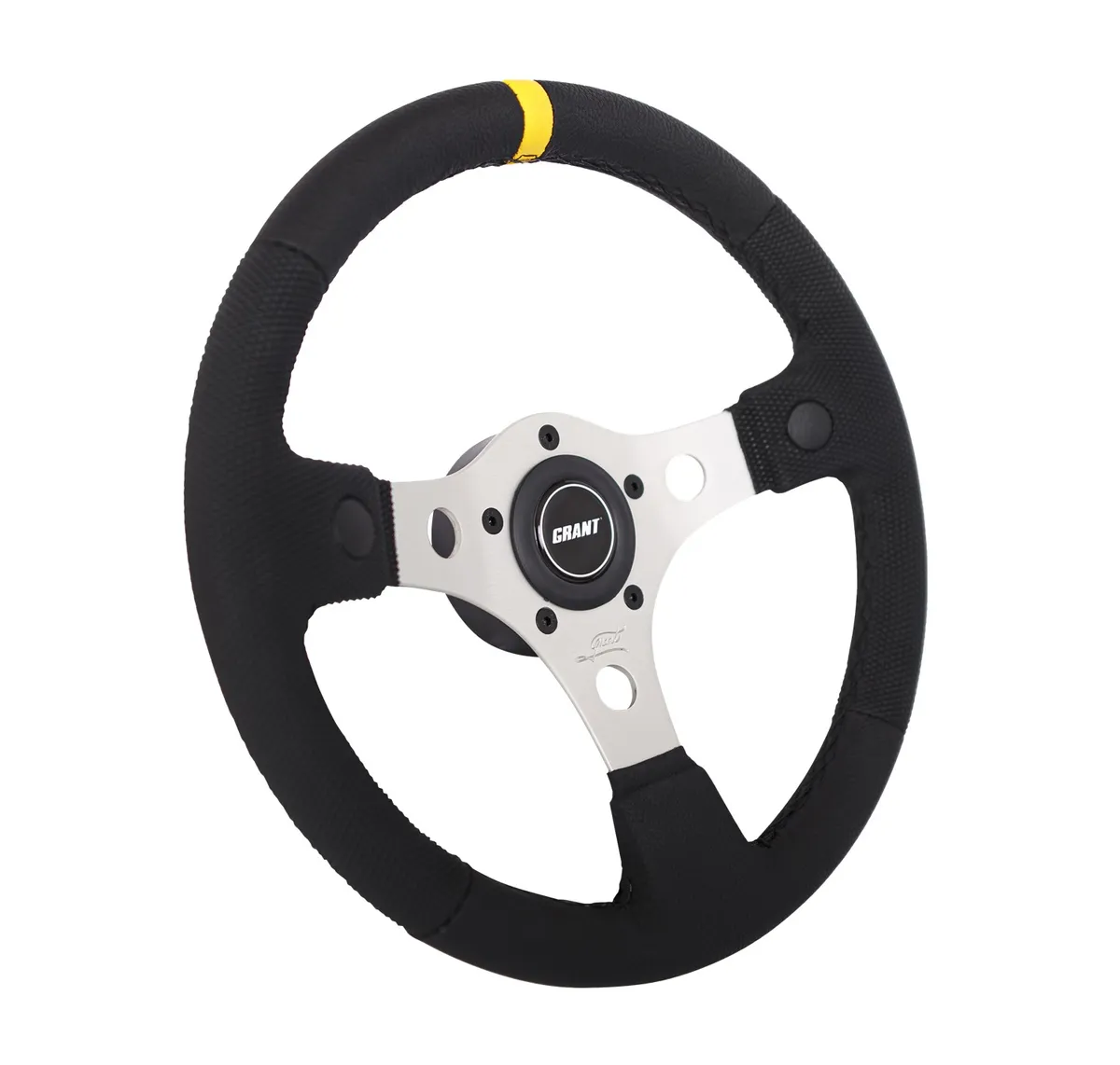 Performance GT Series Steering Wheel; 13 in. Diameter.; Black Vinyl Grip w/Yellow Top Marker; Silver Anodized Aluminum 3-Spoke; product image