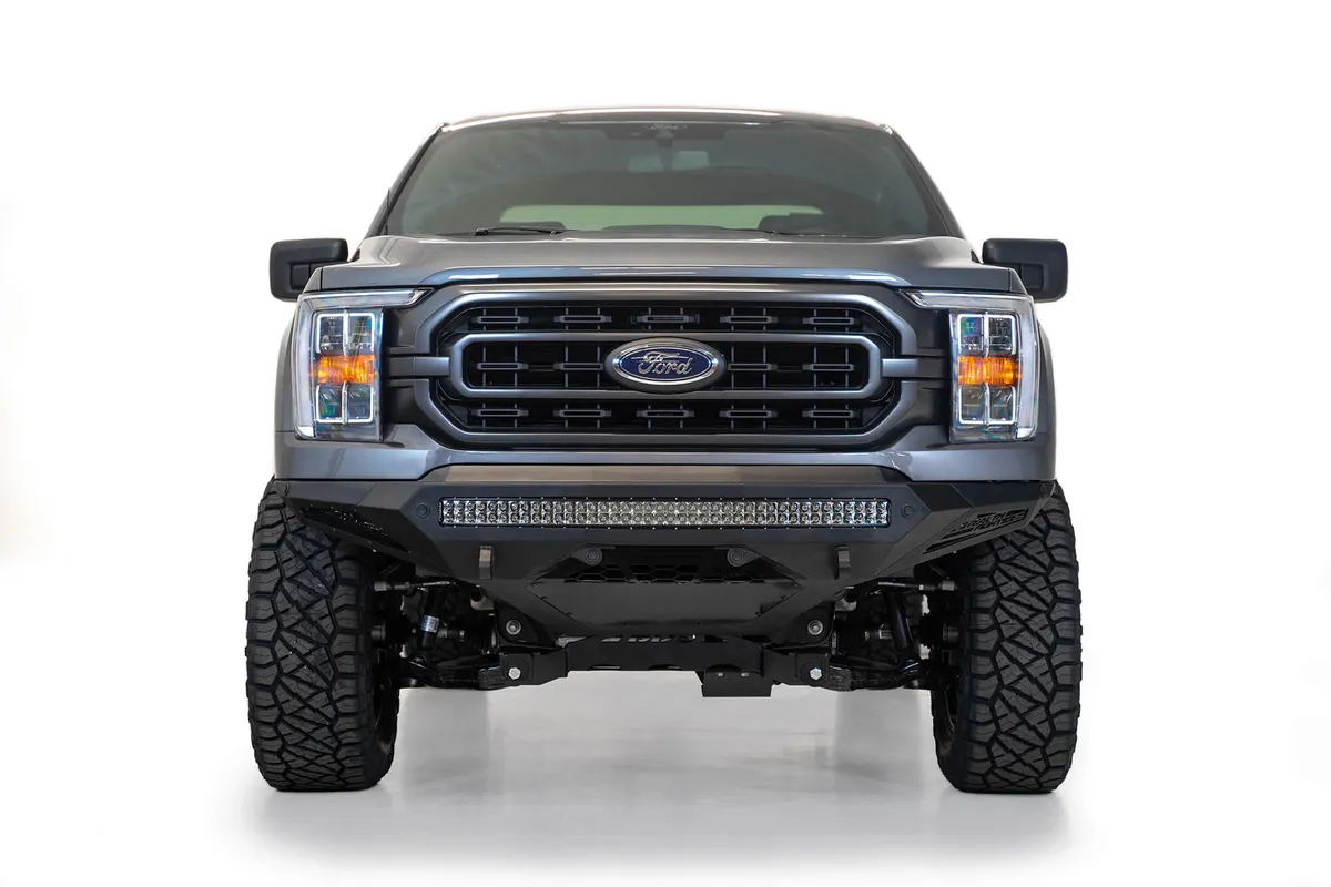 Ford F150 Stealth Fighter Front Bumper with 10 Cube Mounts Universal Plate on top and 10 SR Cube mounts on Sides with SENSOR Cutouts with D-ring mounts in Hammer Black with Satin Black panels 2021 Ford F-150 product image