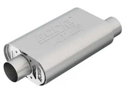 Borla CrateMuffler GM Chevrolet SB Hot 350 383 CID OffsetCenter Oval Body 3 in. Inlet 3 in. Outlet 14 in. x 4.35 in. x 9 in. Body Size 19 in. Overall Length ATAK Sound T-304 Stainless Steel