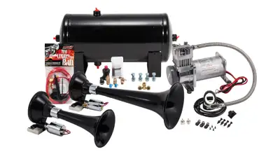 Kleinn Automotive Accessories Pro Blaster™ Dual Horn Kit; Black: Includes Horns PN[220]/ 150 PSI Air Compressor PN[6275RC]/ 1.5 Gallon Air Tank PN[6275RT];