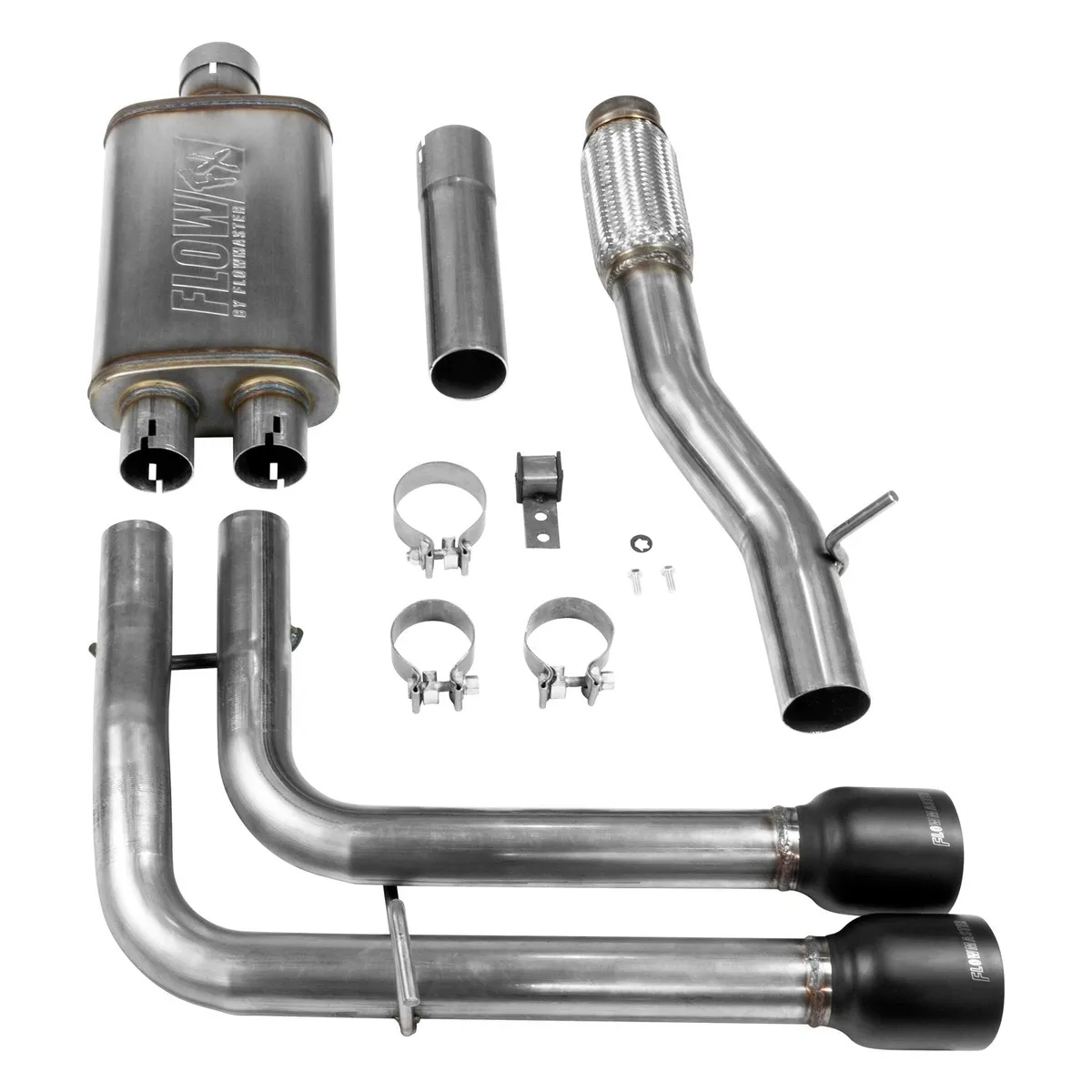 Synergy Manufacturing 2014-2018 GM SilveradoSierra 1500 12 Ton 5.3L V8 Crew Cab and Double Cab 24 Wheel Drive Except Crew Cab 2WD with 2 Pc Driveshaft Cat-back Flow FX Series Muffler Mandrel Bent 2.5in. 16 Gauge Tubing 4 in. Black Ceramic Coated Tips WEtched