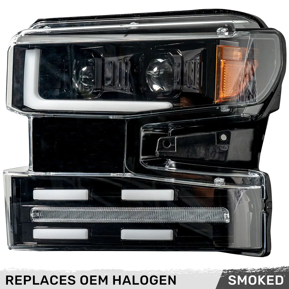 Chevrolet Silverado 19-20 1500 4th Gen Body Style w OEM Halogen And Standard Reflector Housing - Halogen Projector Headlights w Ultra High Power Smooth Oled DRL And Scanning Switchback High Power Amber LED Turn Signals - Smoked Black product image