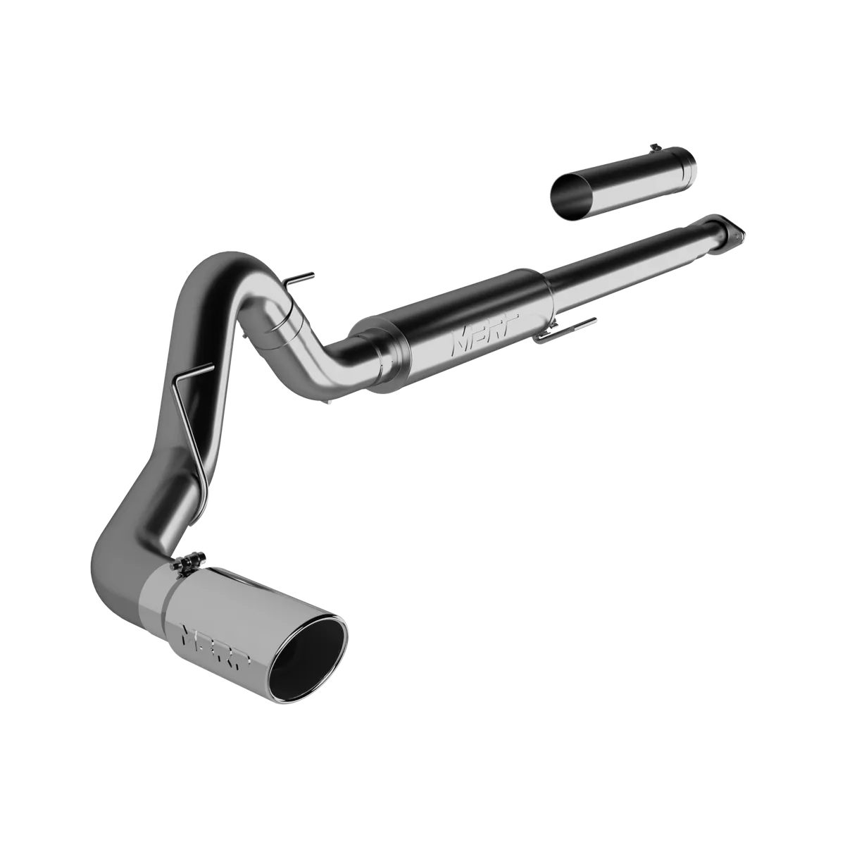 Armor Plus Cat Back Exhaust System; 4 in.; Incl. Front Pipe/Ext. Pipe/Muffler/Over Axle Pipe/Tailpipe/Hardware/5 in. OD Tip; Single Side Exit; T409 Stainless Steel; product image