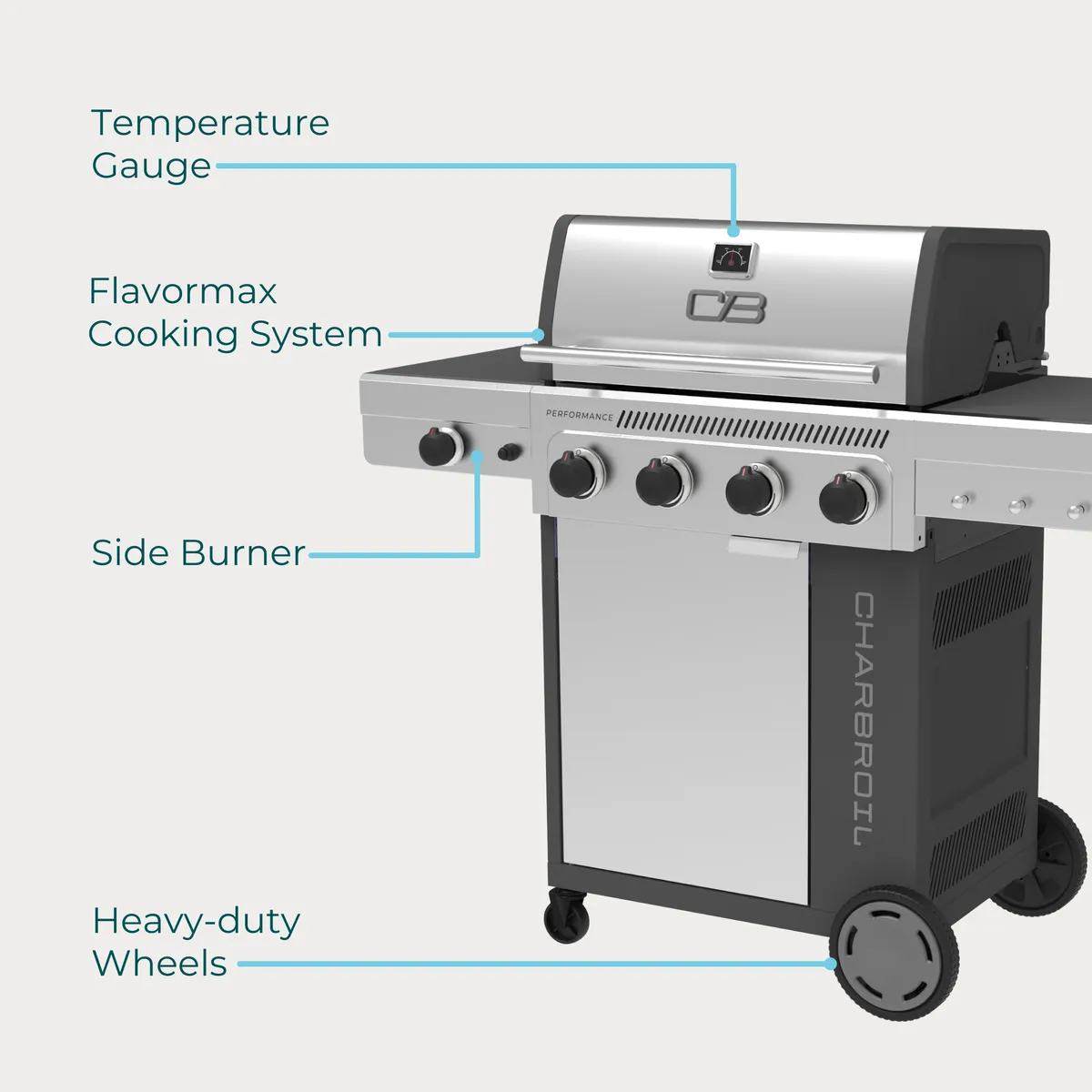 Performance Series™ FlavorMax™ 4 Burner Gas Grill Cabinet with Side Burner Gray Stainless product image