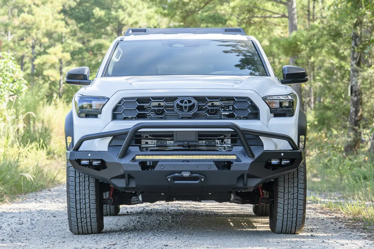 Matrix Front Bumper; w/ Pre-Runner Guard; Matte Black Powder Coat; Steel; 30 in. Light Bar/ Four 2x3 LED Pod Lights; Incl. D-Ring Mounts; product image