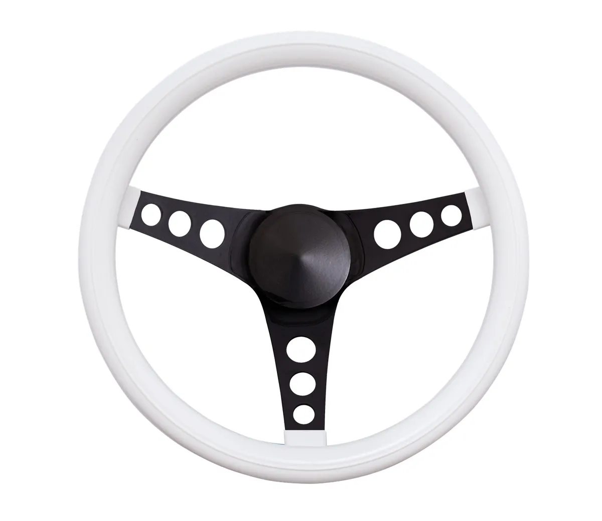 Classic Series Steering Wheel; 13 1/2 in. Diameter; 3 1/2 in. Dish; White Cushion Grip; Black Steel 3-Spoke Design; product image