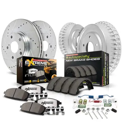PowerStop Z36 Truck/Tow Upgrade Kit: Drilled/Slotted Rotors; Carbon-Fiber Ceramic Pads W/Hardware; Coated Drums; Shoes W/Hold Down And Adjuster Kit