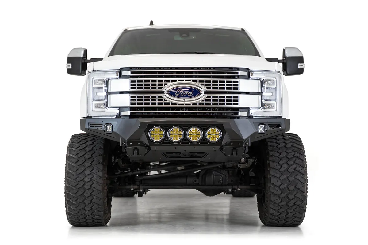 The Addictive Desert Designs Bomber front bumper brings the ultimate combination of form and function to the Ford F250F350. A full 316 aluminum skid plate offers superior protection while keeping the bumper lightweight. Three different light options ar product image