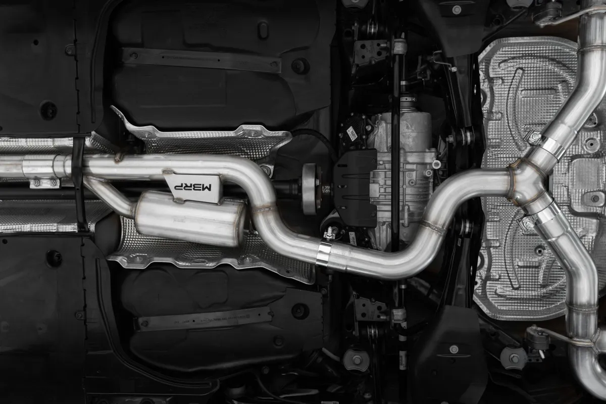 Armor Pro Cat Back Exhaust System; 3 in.; Quad Split Rear Exit; Valve Delete; Quad 4.5 in. Carbon Fiber Tips; 304 Stainless Steel; product image