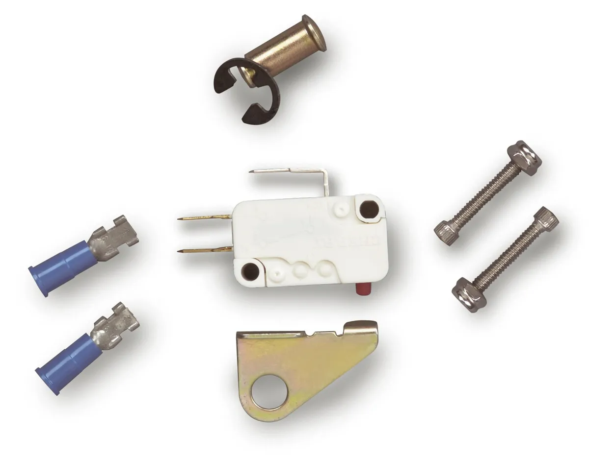 Emergency Brake Warning Indicator Switch Kit; Incl. Micro Switch/Warning Indicator Trigger/2 Electrical Terminals/E-Clip/2 Stainless Mounting Bolts/2 Nylock Nuts; product image