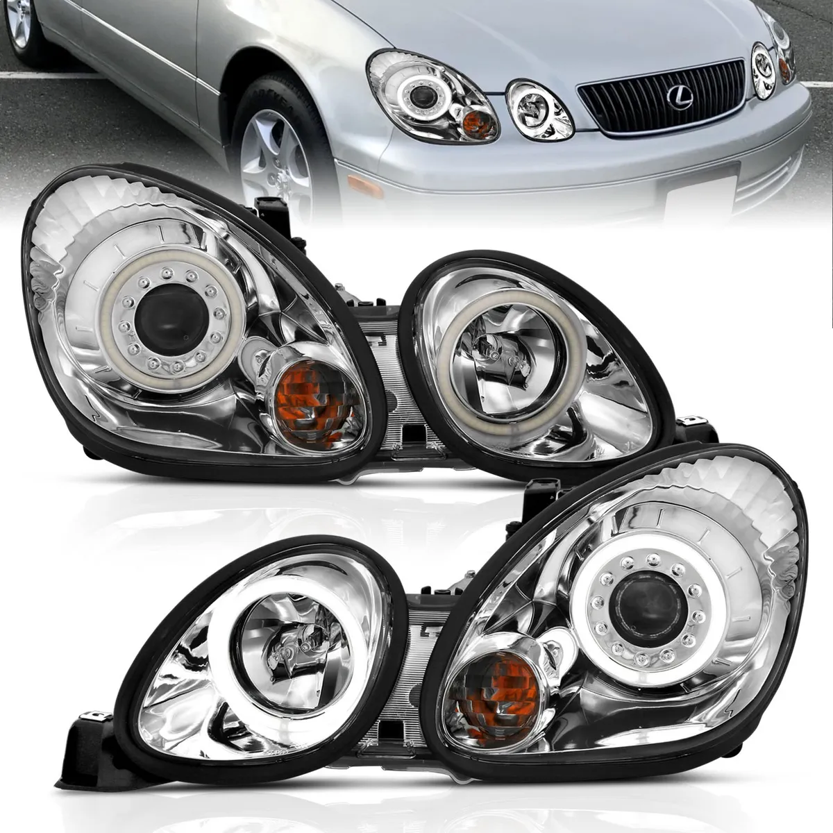 Projector Headlight Set w/Halo; Clear Lens; Chrome Housing; Pair; CCFL; For Use w/Non HID Models Only; product image