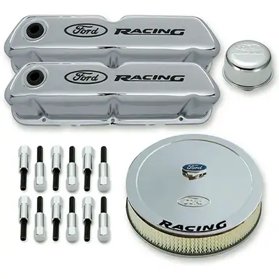 Ford Performance Parts Engine Dress-Up Kit Chrome w/Black Ford Racing Logo Fits SB Ford Engines Stock Chrome Ford Racing