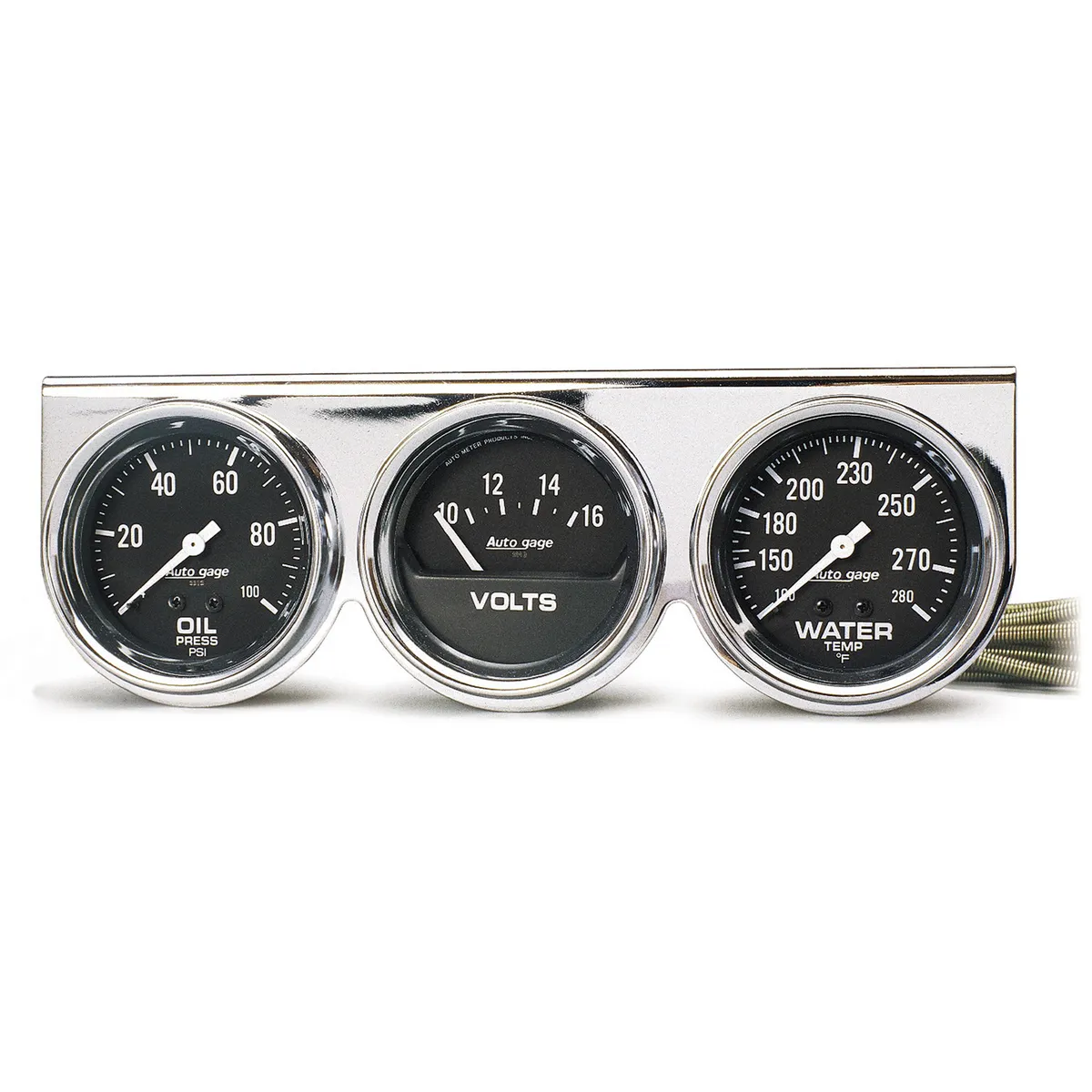 Autometer 2399 Gauge Console, Oilp/Wtmp/Volt, 2 5/8, 100psi/280?f/16v, Blk Dial, Chrme Bzl, ag product image