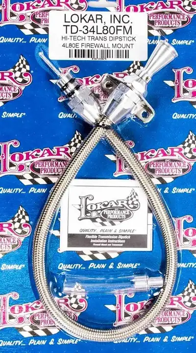 Lokar Hi-Tech Flexible Braided Transmission Dipstick; 24 in.; Firewall Mount; Incl. Flexible Dipstick/Funnel Adapter/Braided Stainless Outer Housing; Stainless Steel Finish;