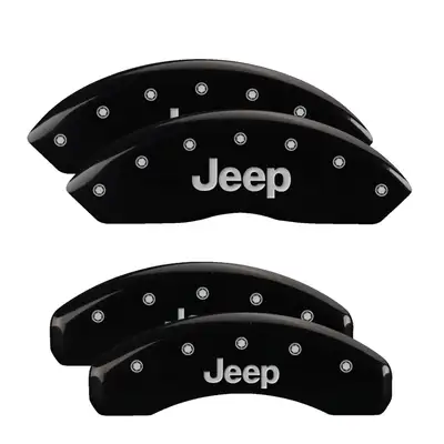 MGP Caliper Covers Set Of 4 Caliper Covers Engraved Front And Rear Jeep Black Finish Silver Characters 2018-2024 Jeep Wrangler JL BRY brake code MGP Caliper Covers